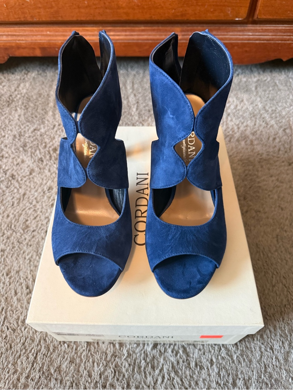 Cordani Deep Blue Suede Cutout Peep-Toe Heels